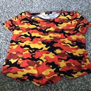Camouflage Red,Black,Orange, and Yellow shirt.